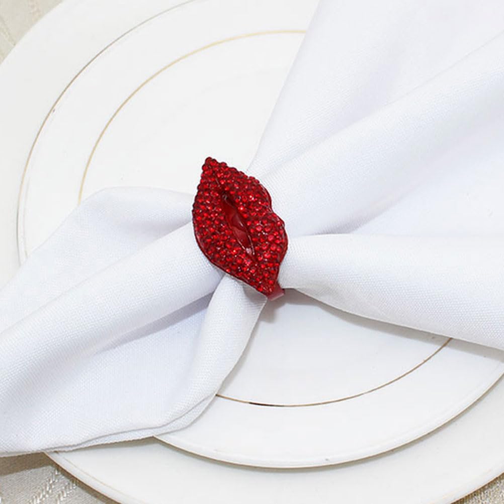 LUOZZY 12 Pcs Red Lip Napkin Rings Rhinestone Bling Alloy Table Decor Valentine Wedding Special Occasions