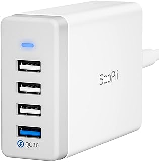 SooPii 40W USB Charging Station,4 Port USB Charger Station with One Port QC 3.0 for Multiple Devices,4 Mixed Charging Cables Included,Compatible with lPhone,lPad,Samsung Galaxy,Note,LG and More