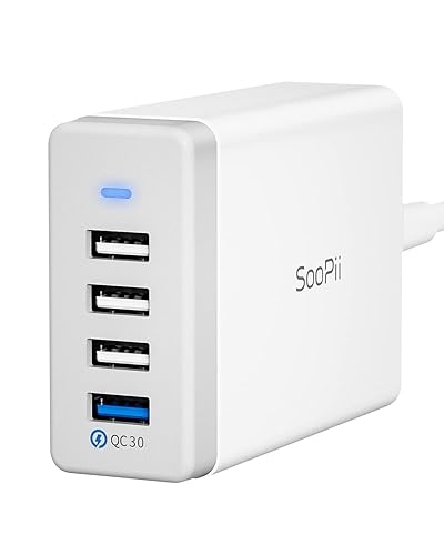 SooPii Estación de carga USB de 40 W, estación de carga USB de 4 puertos con un puerto QC 3.0 para múltiples dispositivos, 4 cables de carga mixtos