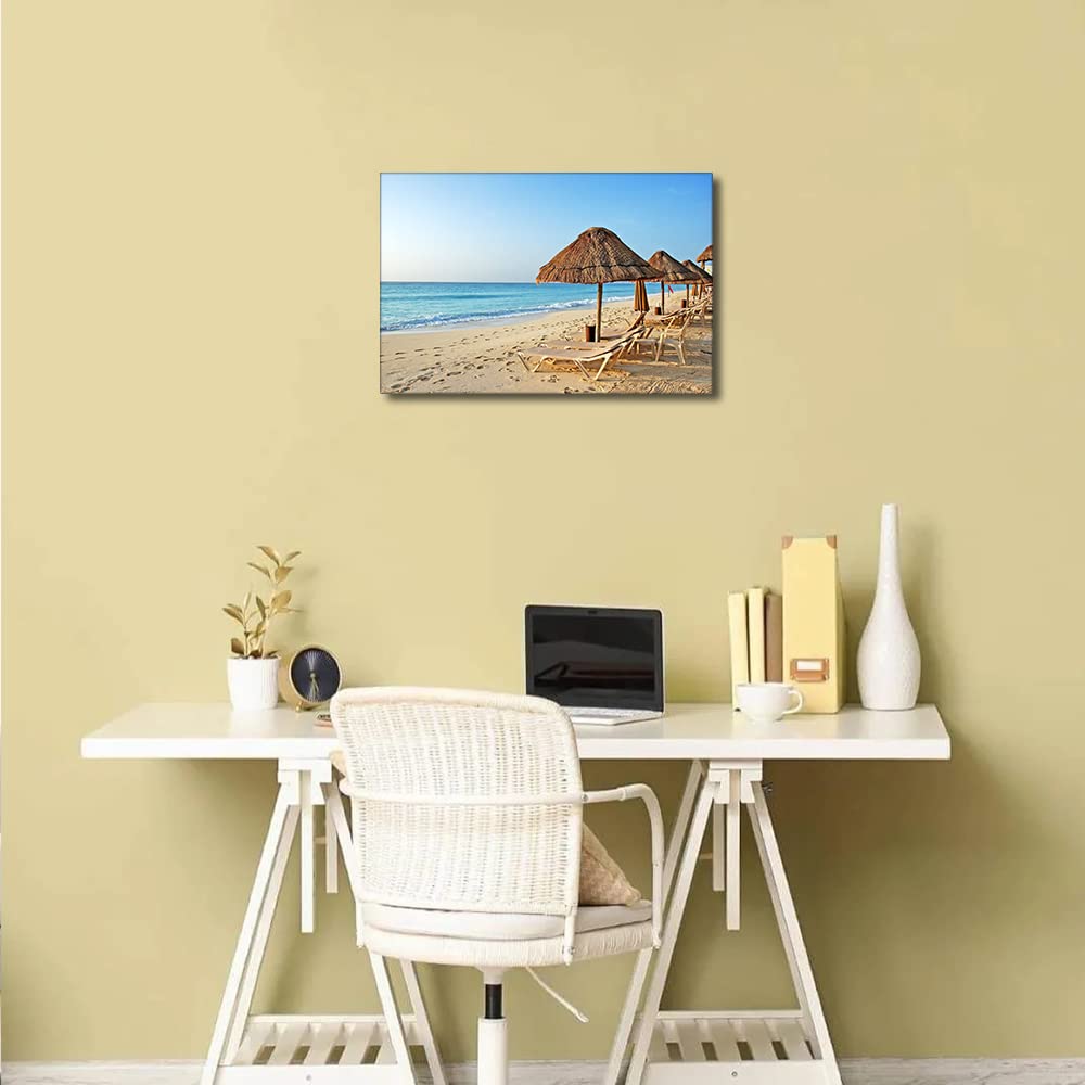 TISHIRON Canvas Prints Wall Art Beach Reclining Chair Landscape Sea Sandy Beach Pictures Stretched Canvas Wooden Framed for living Room Bedroom and Office 12x8inch - Image 4