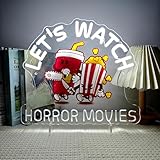 Let's Watch Horror Movies Neon Sign LED Scary Movies Neon Light for Halloween Decor Fun & Spooky Decoration for Home Theater Game Room Bedroom Horror Film Party Night Light
