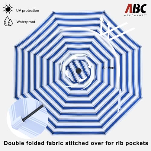 Image of ABCCANOPY 9FT Patio Umbrella Outdoor 8 Ribs Table Umbrella | Fade & UV Resistant Fabric,8 Fiberglass Ribs,Smooth Crank System,Blue White Stripes,Great for Patio,Backyard,Garden,Deck