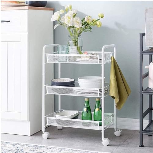 Image of Sulfar 3 Layer Multi Purpose Stainless Steel Rotating Kitchen Trolley Space-Saving Fruits Vegetables Storage Rack Organizer (White)