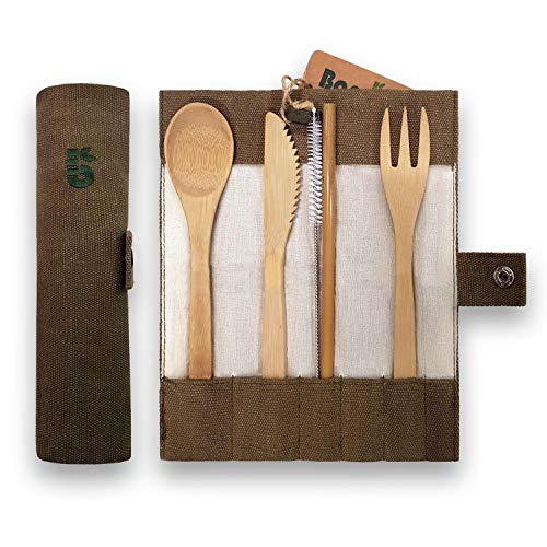 Cubierto de bambú | Cubiertos madera ecológicos |Utensilios madera | Set para picnic | Set cubiertos para camping | Cucharada, tenedor,...