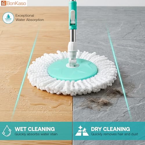 Image of BonKaso Plastic Spin Mop Bucket, Moppers for Cleaning Floor, Mop Set Extendable Handle, Removable Wringer 360 with Floor Cleaner Mopping Stick (Round Mop Set)