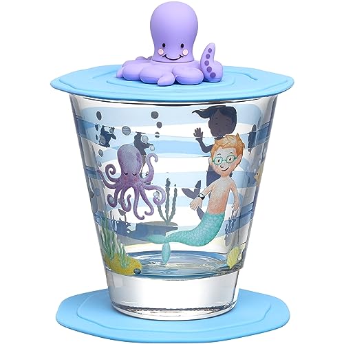 LEONARDO HOME Bambini Avventura Kinderglas mit Deckel und Untersetzer - Trinkglas mit Motiv aus hochwertigem Glas - Größe S, Inhalt 215 ml - 3-teiliges Trinkset mit Motiv Meer, 023676