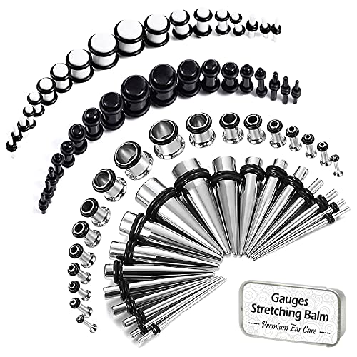 BodyJ4You 73PC Gauges Kit Ear Stretching Aftercare Balm 14G-00G Black White Acrylic Plug Steel Taper