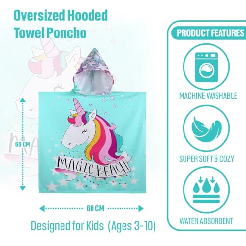 Image of TONY STARK Poncho Towel for Kids, Beach Towel with Hoodie, 60x60cm Travel Towel for 1-7 Years Girls and Boys, Soft Microfiber Sleeved Poncho (Unicorn Starlight Magic)