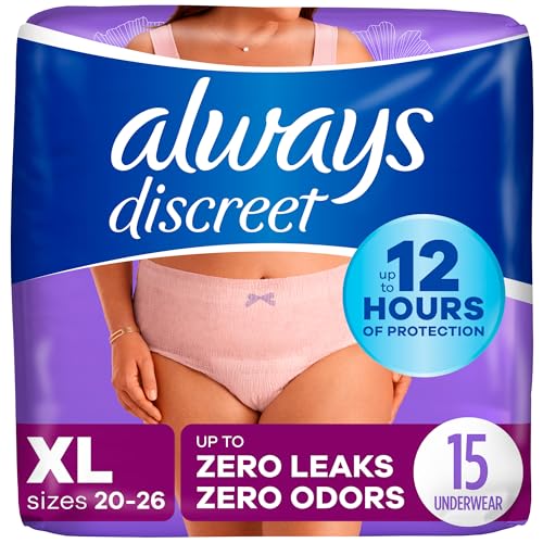 Image of Always Discreet Adult Incontinence & Postpartum Underwear for Women, Classic Cut, Size X-Large, Maximum Absorbency, Disposable, 15 Count (Pack of 1) (Packaging May Vary)