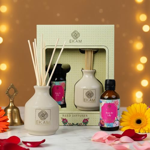 Image of EKAM Reed Diffuser Set 50ml | Rose & Lily Aroma Diffuser with 8 Reed Sticks | Long-Lasting, Smoke-Free Room Freshener | Stress Relief & Aromatherapy | Ideal for Festivals, Home Decor,Office & Gifting