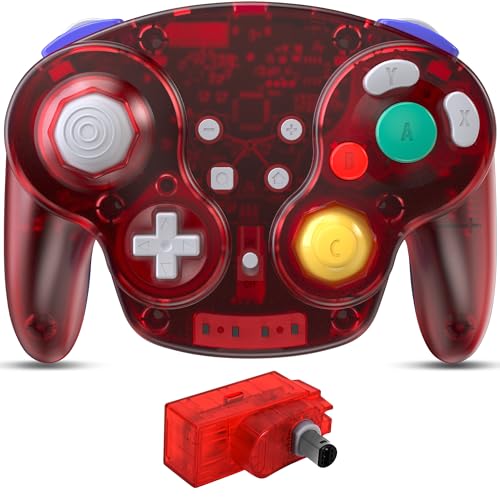 Image of Wireless GameCube Controller for NGC Console, 2.4 GHz Reciever, Clear Red | (Built-in Vibration) (Rechargeable) (Analog Triggers / Stick) (Plug and Play)