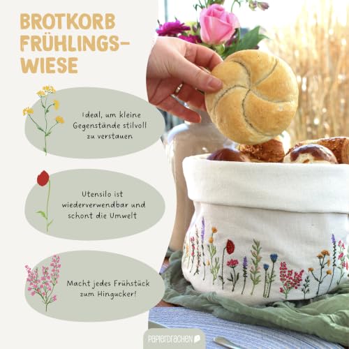 Papierdrachen Brotkorb "Frühlingswiese" - charmante Tischdekoration - mit hochwertiger Blumenbestickung in Wiesenoptik – Ansicht 4