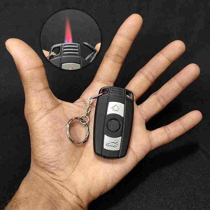 Image of Car Keychain with Cool Red Jet Flame Pocket Lighter Cigarette Stylish Antique Lighter Outdoor Survival Tool Men's Smoking Lighter (with LED)