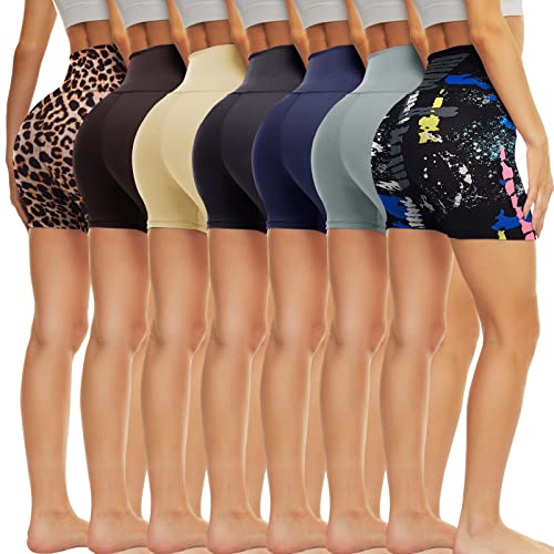 TNNZEET 7 Pack Biker Shorts for Women - 5''/8''/3'' High Waisted Workout Tummy Control Spandex Gym Shorts for Yoga Athletic 5“ Inseam Small-Medium Black/ Navy Blue/ Purple/ Teal/ Bright Gree