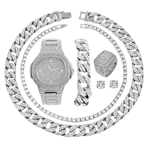 Montre en métal plaqué argent 14 carats pour homme avec bague moderne et chaînes