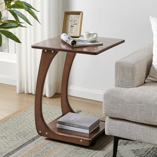 MLRDWLS Mesa auxiliar C con ruedas, mesa auxiliar en forma de C, mesa de bandeja de TV, para sala de estar, dormitorio (nogal)
