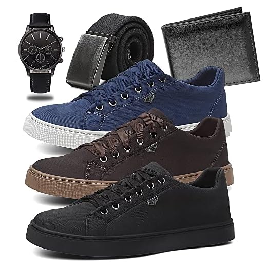 KIT 3 Sapatênis Masculino Ultra Conforto + Relógio + Cinto + Carteira - Preto/Café/Azul - 40