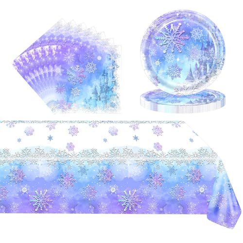 POPOYU 37P Vaisselle de Fête en Papier de Flocon de Neige -16x Assiette Reine Des Neiges,20 x Serviettes,Nappe de Frozen,Ensemble de Vaisselle pour...