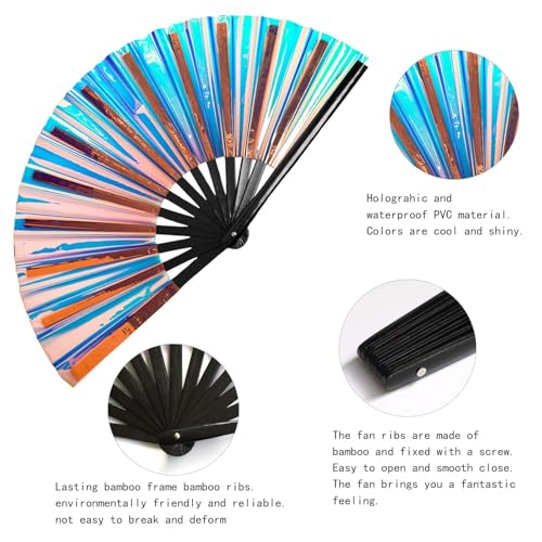 Large Clack Hand Rave Fan Holographic Folding Popping Line Dance Fan Foldable Handheld Clacking Fans for Line Dancing Craft Laser Rave Accessories for Festival Rainbow Outfits Party Club(Light Blue)