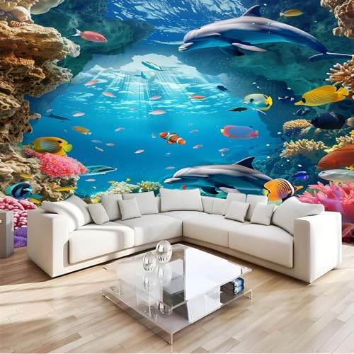 Papier Peint Panoramique Dauphins contre les Murs Ternes Fresque Murale 3D Ocean Geante 400x280