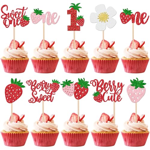 30 PCS Sweet One Strawberry Cupcake Toppers Glitter Sweet Berry 1st Birthday Cupcake Picks Strawberry Birthday Decorations for Baby Shower Kids First Birthday Party Cake Decorations Supplies