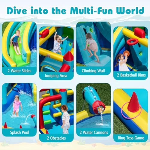 COSTWAY Inflatable Water Park, Giant Kids Bouncy Castle Jumper House with Dual Slides, Obstacle Course, Water Cannons, Climbing Wall, Splash Pool, Ring Toss, 473 x 370 x 221cm (without blower) - Image 2
