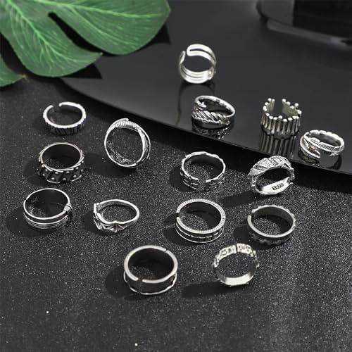 NEWITIN 20 Pieces Vintage Rings for Men Punk Ring Cool Gothic Ring Open Adjustable Silver Chunky Rings for Men Women2