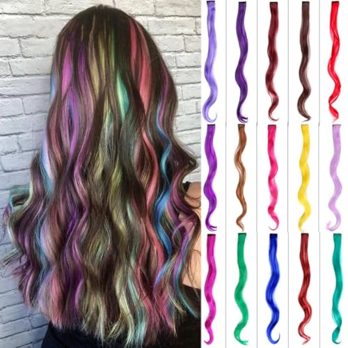 3 extensiones de cabello ondulado de colores de 20 pulgadas, con clip, extensiones sintéticas de rayas arcoíris (Q09#)