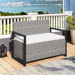 SFAREST 117cm Garden Storage Bench, 2 Person PE Rattan Deck Storage Box with Padded Cushion and Protective Liner, Outdoor Metal Frame Wicker Loveseat Park Chair Seat for Balcony Poolside (Mix Grey)