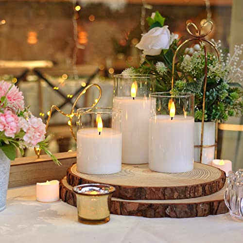 Image of Homemory Clear Glass Flameless Candles, Pure White Wax Battery Operated Candles, LED Pillar Candles with Remote Control and Timers, D3 H4 5 inch 6 inch, Set of 3