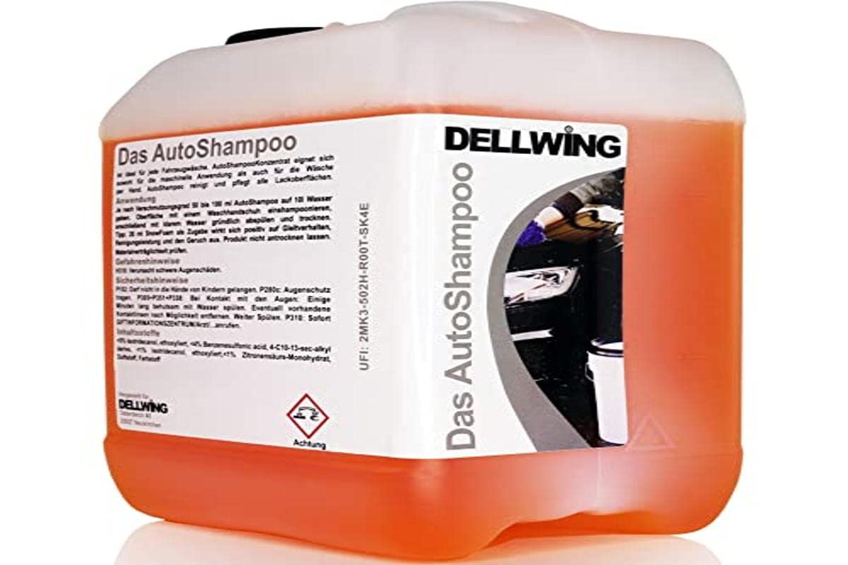 DELLWING - Champú concentrado para coches de 5 l - Champú profesional para coches - Dilución de hasta 1:100 - Perfecto para el lavado a mano, pero también se puede usar con máquinas de lavado