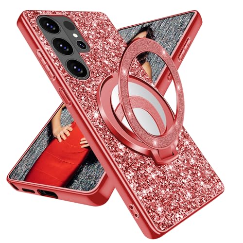 Coque Samsung S26 Ultra rouge paillettes avec anneau support magnétique