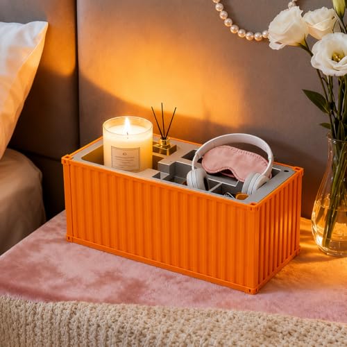 Image of FreshDcart Multi-Function Desk Organizer Shipping Container Storage Box for Pens, Business Cards, Mobile Phones, Remote Controls, Office Supplies and Study Table Brick Orange