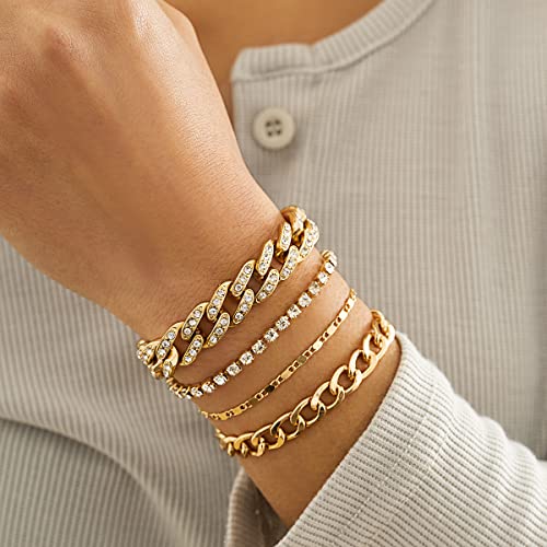 Kercisbeauty 4pcs Tennis Miami Cuban Link Chain Bracelet Set for Women Rhinestones Chain Bracelet Party Boho Dainty Jewelry (Gold)3