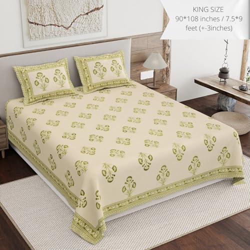 Image of Living Roots Ethnic Jaipur Block Print Double Cotton Bedsheet & 2 Pillow Covers, for Mattress Upto 6 inches Thick, No Colour Bleeding, Leaf Green Colour, King Size 90 * 108 inches, 120TC (611-A)