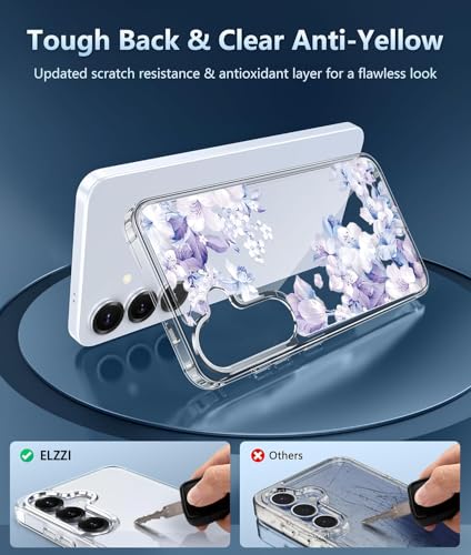 Image of Elzzi Clear Transparent Flower Cover for Samsung S25 5g Case Shockproof Floral Design Full Camera Protection Shockproof PC+TPU Covers Transparent Flower Cover for Girls & Women 2025 6.2 inch (Purple)