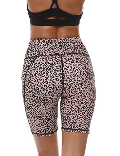 Bloggerlove Legging Shorts High Waist Yoga Shorts for Women Biker Shorts with Pockets Non See-Through Workout Running Exerices Shorts Brown Leopard