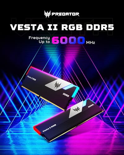Image of Acer Predator Vesta II RGB DDR5 RAM 32GB (16GBx2) 6000MHz CL32 PC5-48000, Intel XMP 3.0 AMD EXPO Compatible Computer Memory, Black BL.9BWWR.378