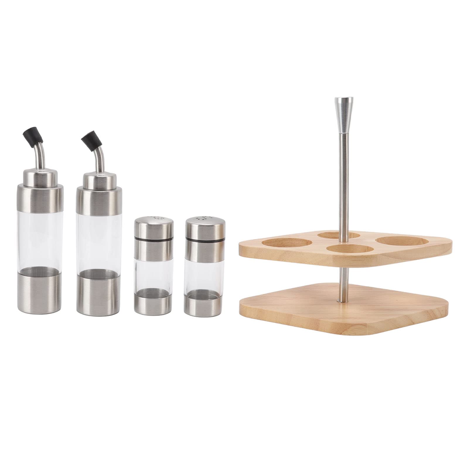 AUNMAS Gewürzflaschen-Set, Edelstahl-Glas-Pfefferflaschen-Set mit Bambusholzgestell, 5-teilig, 25,4 X 18,9 X 12,7 Cm, für Küche, Esstisch, Öl, Sojasauce, Essig