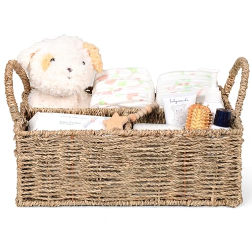 Image of Klippehop Diaper Caddy Organizer, Hand Rattan Nursery Baby Basket Changing Table Organizer for Baby Essentials, Baby Shower Gifts, Versatile Shelf Basket Bathroom/Kitchen Organizer (Natural, L)