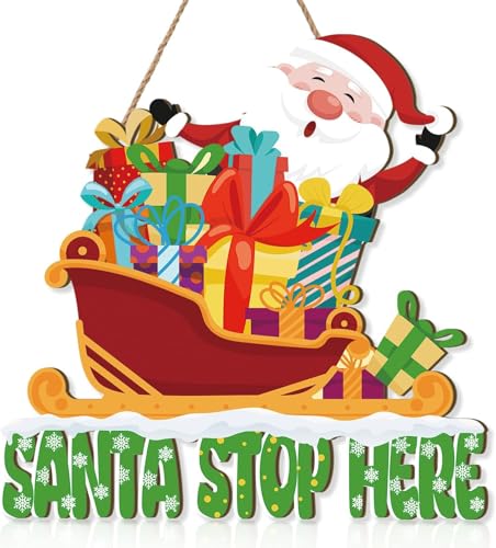 Image of KAIRNE 35×35CM Christmas Wooden Sign,Santa Stop Here Hanging Sign,Christmas Welcome Sign,Santa Claus Wall Art Xmas,Santa Plaque for Front Door,Merry Xmas Window Decoration for Winter Party
