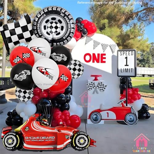 Image of Party Warehouse Racing Car Balloon Set for Birthday-5Pcs | Race Theme Foil Balloons for Race Lovers|Tyre & Checkered Flag Balloons for Kids /Adults Party Decorations (Car set)