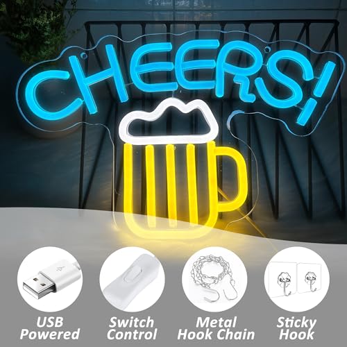 Image of Cheers Neon Sign for Home Bar LED Cheers Sign for Wall and Desk Decor USB Powered Neon Beer Signs for Man Cave Bar Club Pub Party Decoration