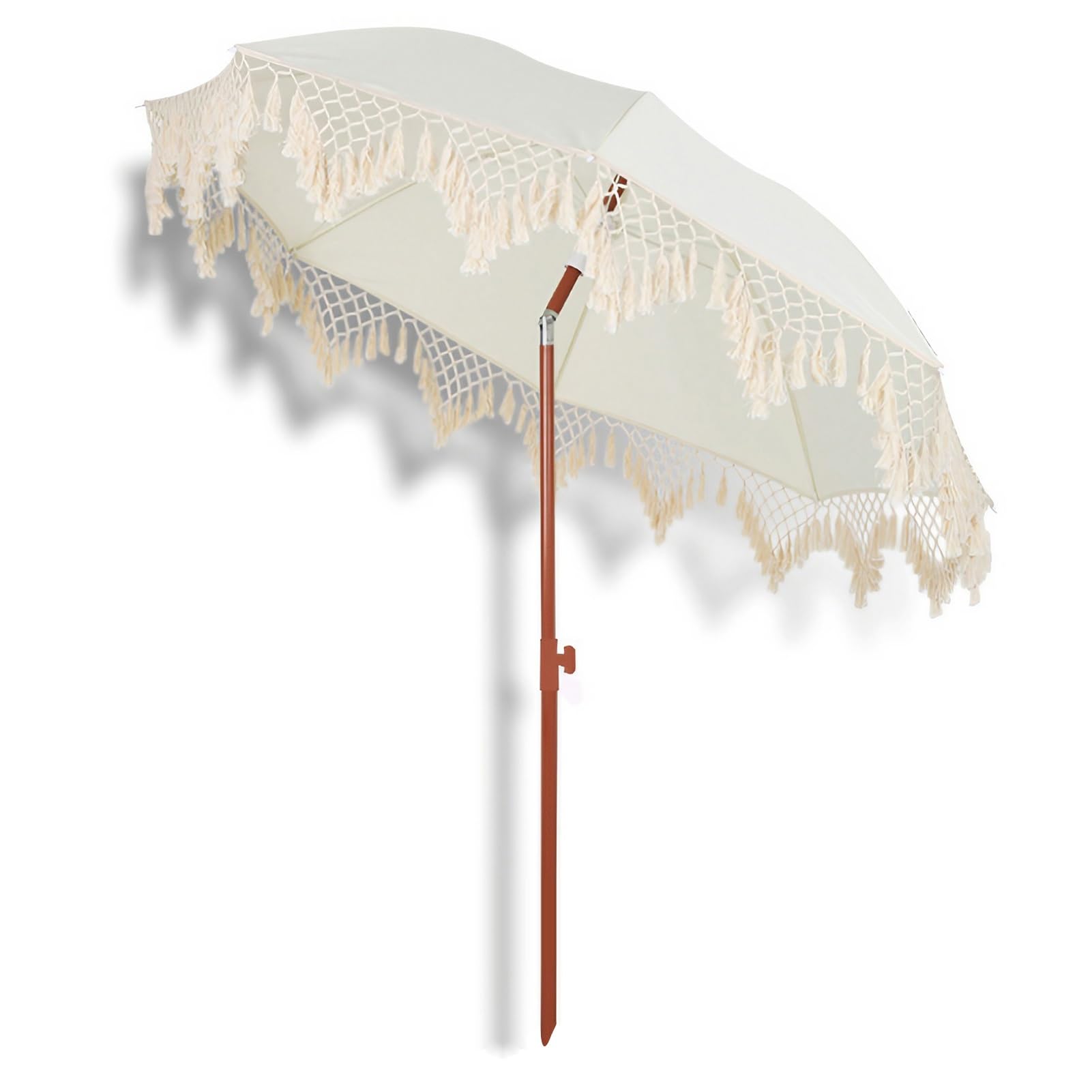 Ombrellone Boho con Frange per Patio Esterno, ombrellone da Spiaggia da 200 cm con inclinazione a Pulsante e palo in Acciaio Resistente, UPF50+, Bianco Antico