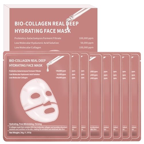 8 Pezzi Bio-Collagen Real Deep Mask, Bio Collagen Overnight Face Mask, Maschera Viso Coreana Overnight, Maschera Idratante, Migliora L'elasticità e Riduce le Linee Sottili, Tutti i Tipi di pelle
