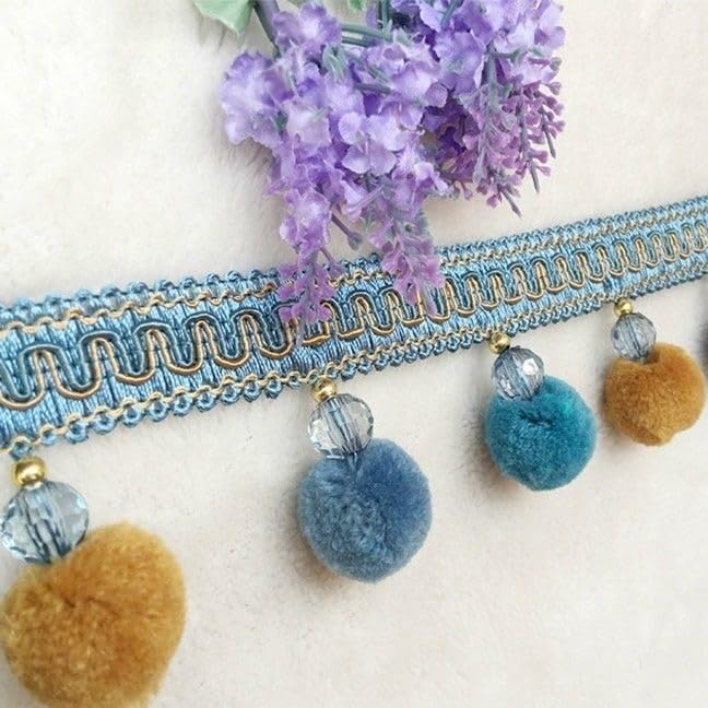 Garniture à Franges, Applique de Garniture Rideau, 3 mètres Ruban Pompons for Bordures, Artisanat, décoration canapé(Light Blue)