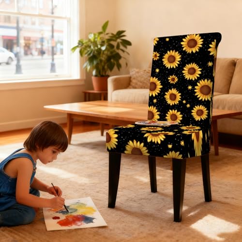 Image of Nuxovilar 4PCS Sunflower Black Background Stretch Chair Covers | Stretch Slipcover Furniture Protector Floral Wrap Seat Guard Dining Room Patio Kitchen Party (Sunflower Pattern)