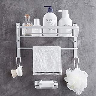 DUFU Shower Organizer No Drilling Storage Bathroom Shelves Organizers Self Adhesive Rustproof Space Aluminum Shower Shelf Wall Mounted with Soap Holder Black
