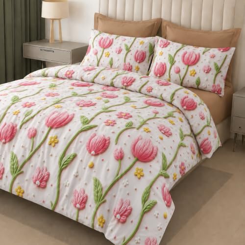 Image of DECOR2ADMIRE 300 TC Premium 7D Print Super King Size Cotton Bedsheet Set with 2 Pillow Covers | Ultra Soft 108 inch x 108 inch | Elegant Floral Designs (Soft Pink Floral)