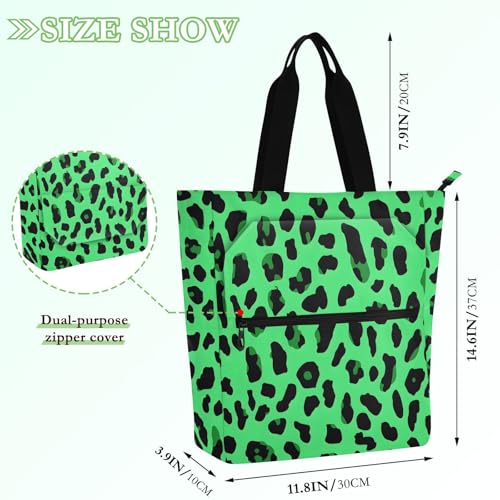 Green Leopard Skin Print Tote Bag for Book Lovers Reusable Bags with Zipper Pocket for School Work Shopping2